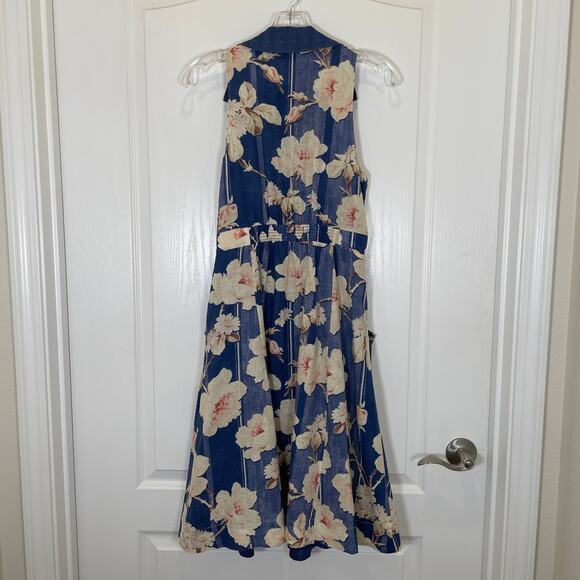 Anthropologie Camellia Collared Dress Blue Floral Button Front Pockets Retro 8 - Picture 7 of 7